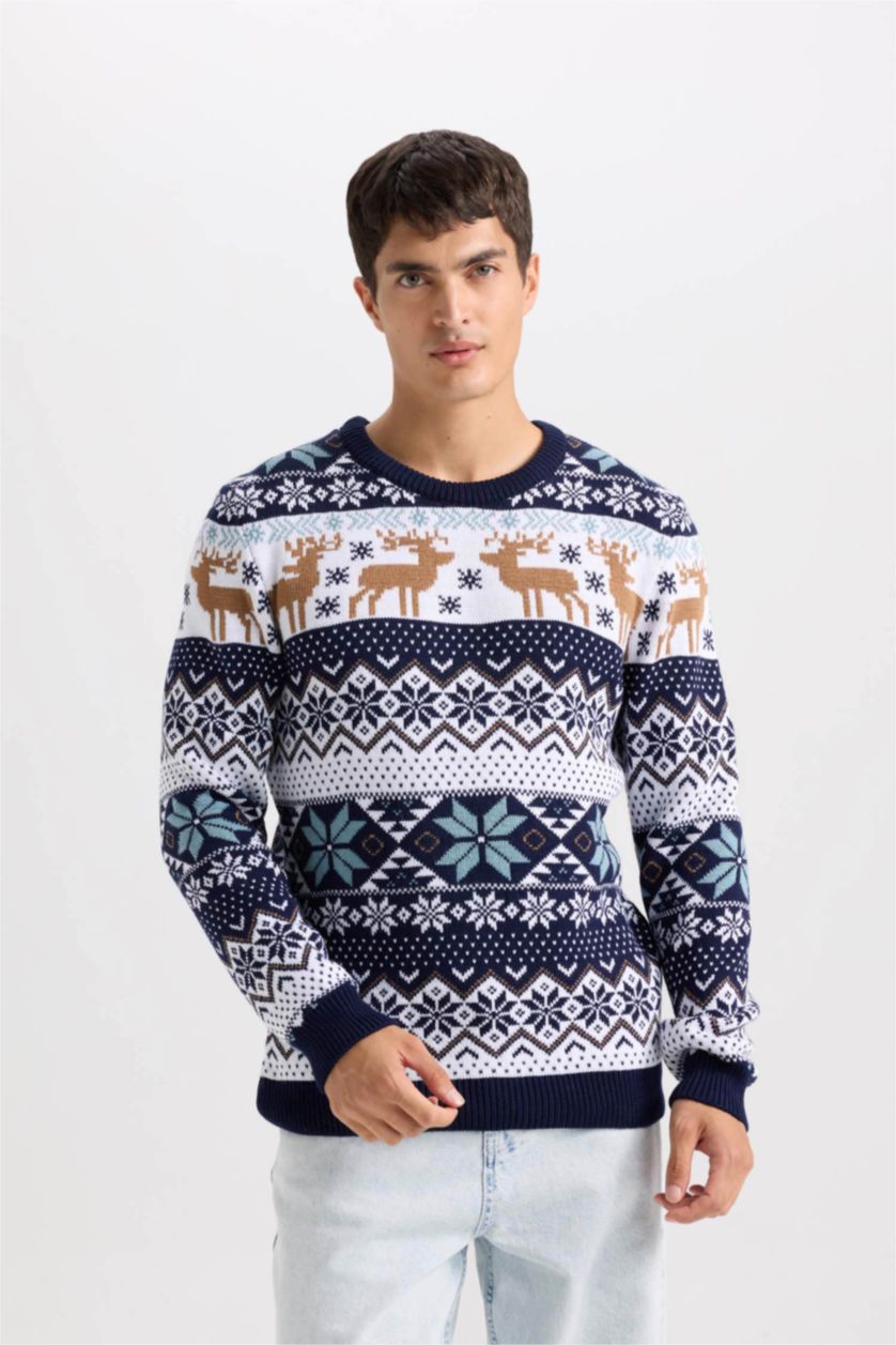 Erkek Lacivert Standart Fit Yılbaşı Temalı Bisiklet Yaka Triko Kazak