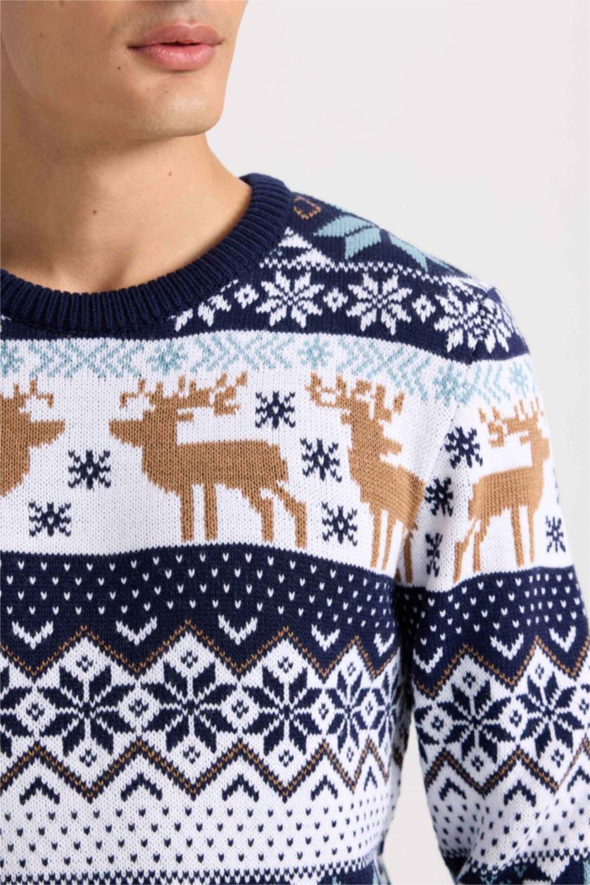 Erkek Lacivert Standart Fit Yılbaşı Temalı Bisiklet Yaka Triko Kazak