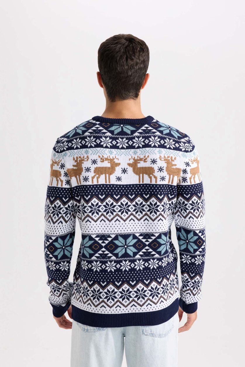 Erkek Lacivert Standart Fit Yılbaşı Temalı Bisiklet Yaka Triko Kazak