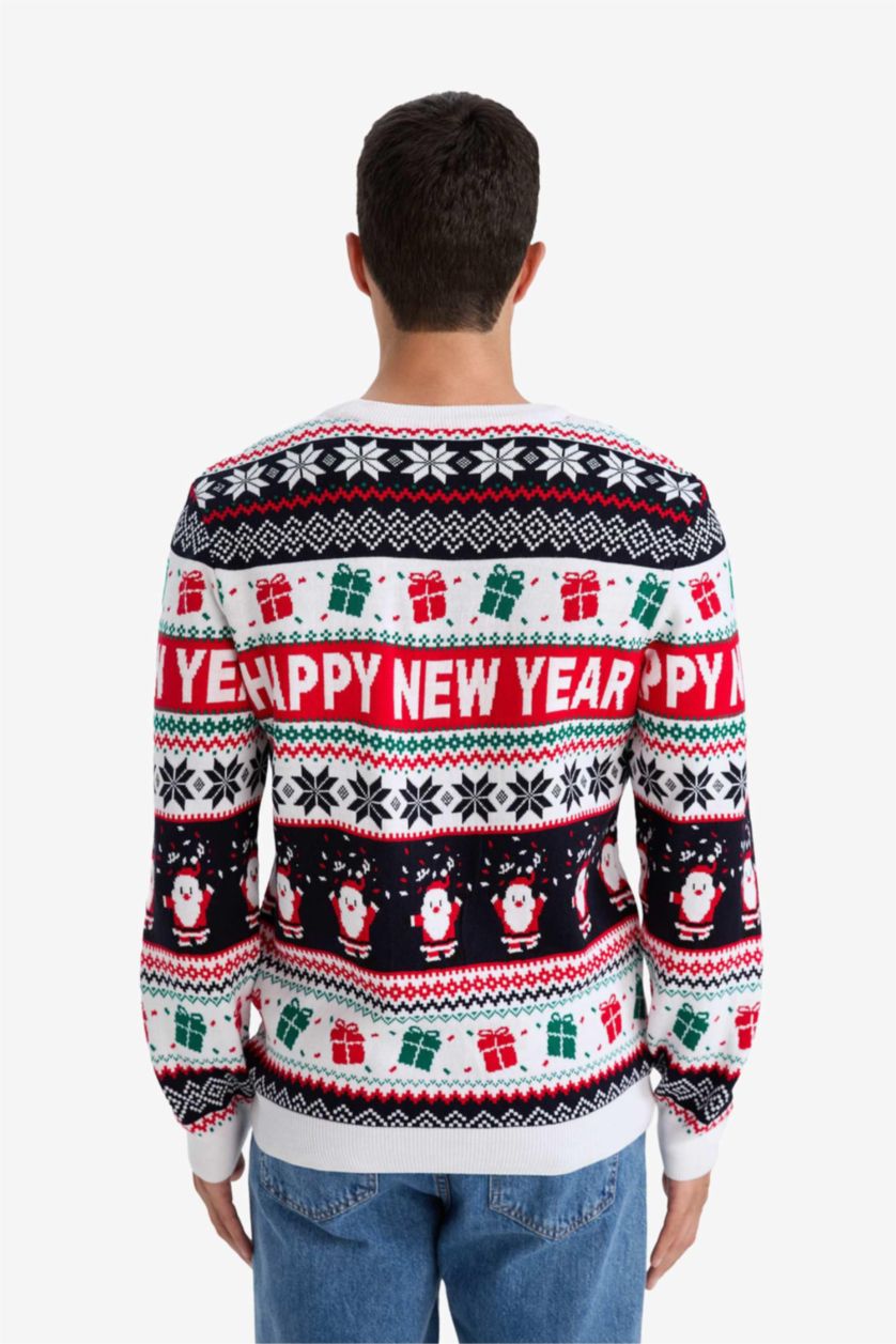 Erkek Lacivert Yılbaşı Temalı Standart Fıt Bisiklet Yaka Triko Kazak