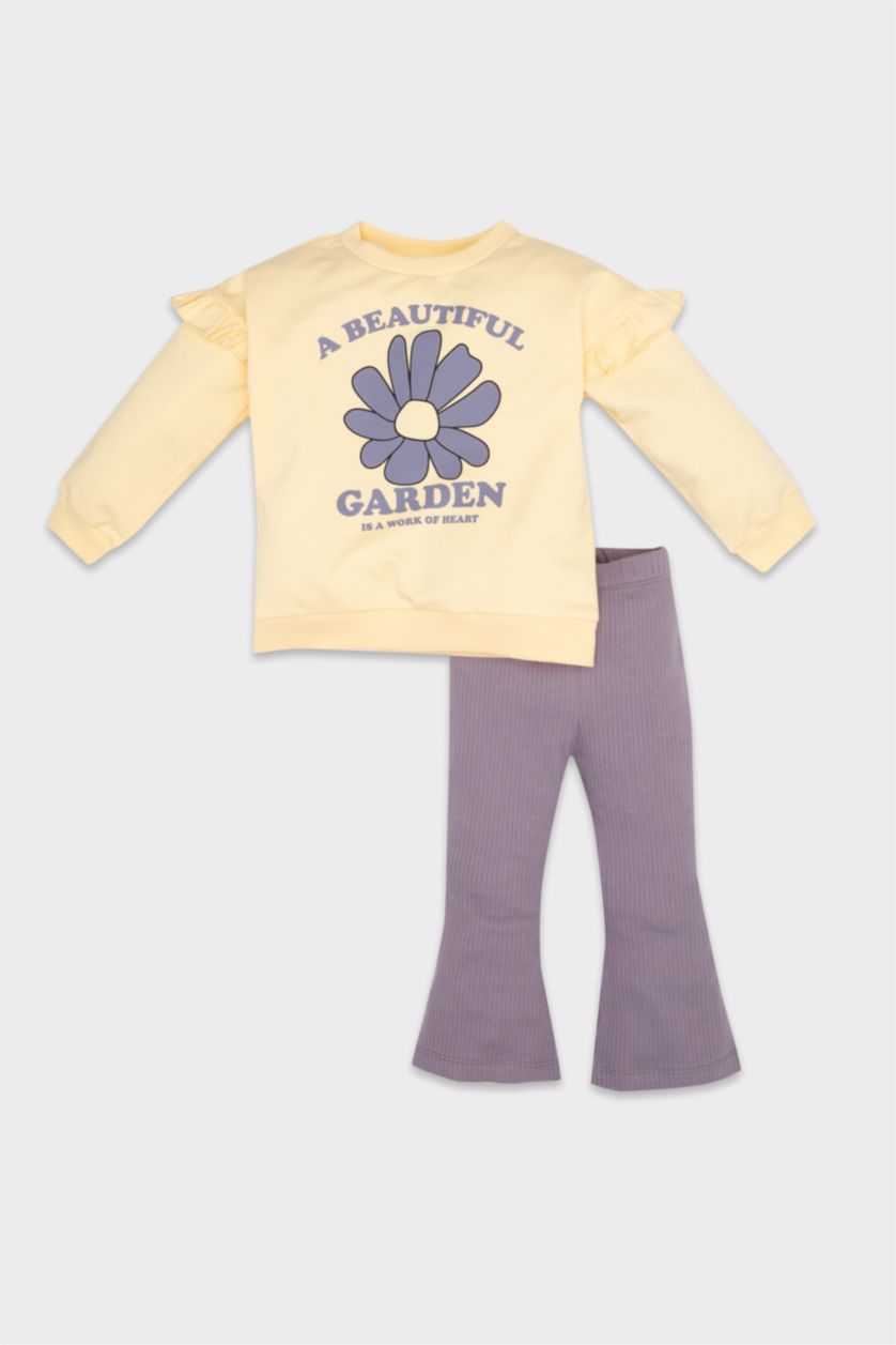 Kız Bebek Sarı Kız Bebek 2'li Takım Çiçekli Sweatshirt Tayt 