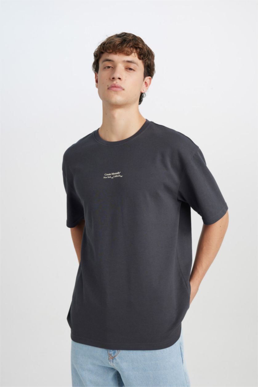 Man Anthracite Boxy Fit Crew Neck Printed Short Sleeve T-Shirt