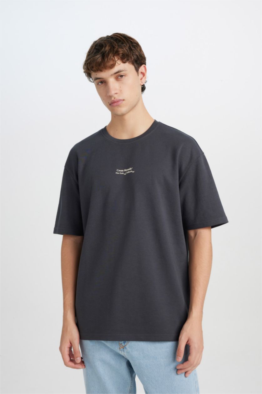 Man Anthracite Boxy Fit Crew Neck Printed Short Sleeve T-Shirt