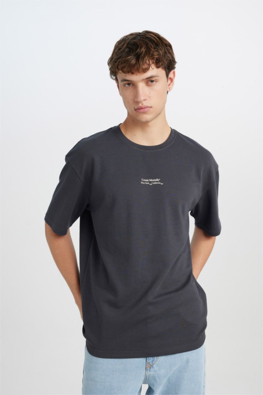 Man Anthracite Boxy Fit Crew Neck Printed Short Sleeve T-Shirt