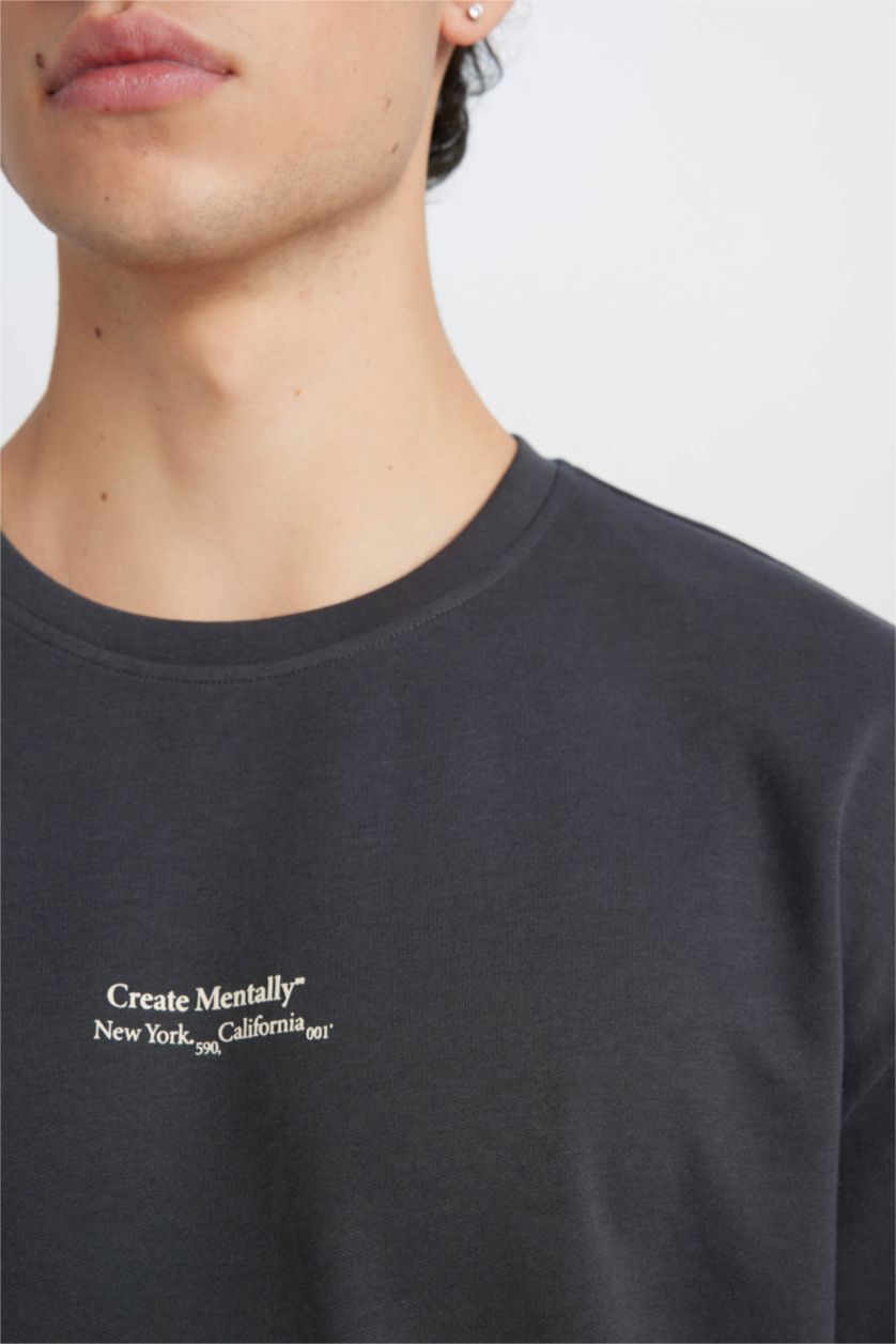 Man Anthracite Boxy Fit Crew Neck Printed Short Sleeve T-Shirt