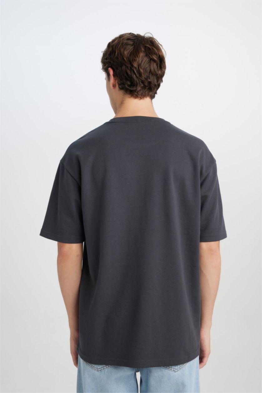 Man Anthracite Boxy Fit Crew Neck Printed Short Sleeve T-Shirt
