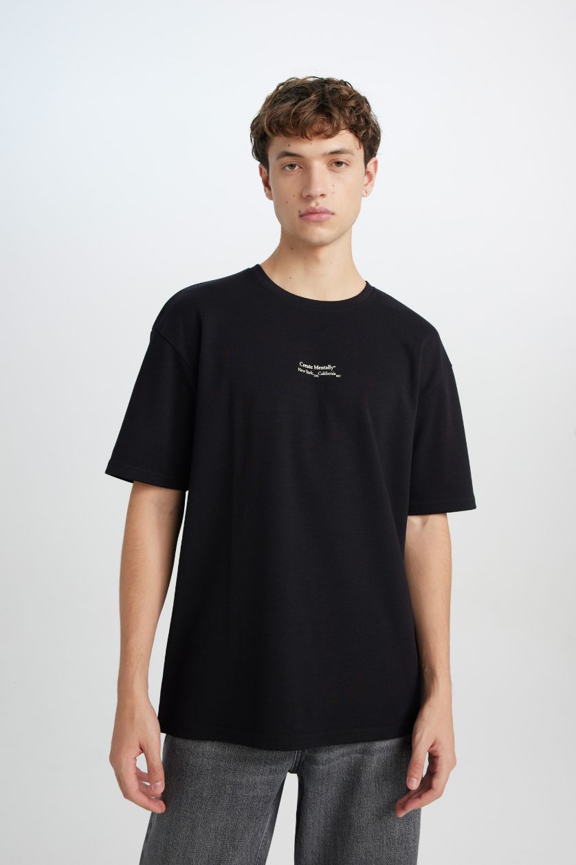 Erkek Siyah Boxy Fit Bisiklet Yaka Baskılı Kısa Kollu Ağır Kumaş Tişört