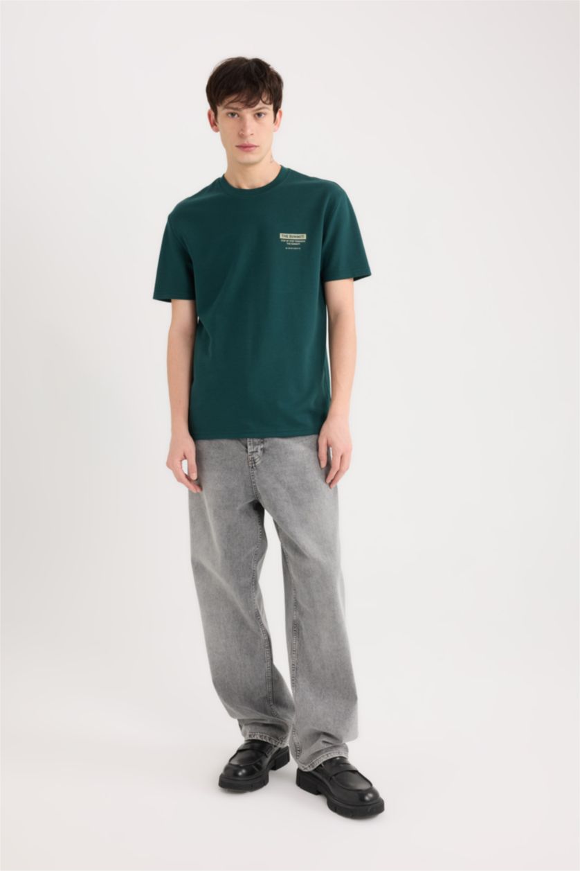 Erkek Koyu Yeşil Regular Fit Bisiklet Yaka Baskılı Kısa Kollu Ağır Kumaş Tişört