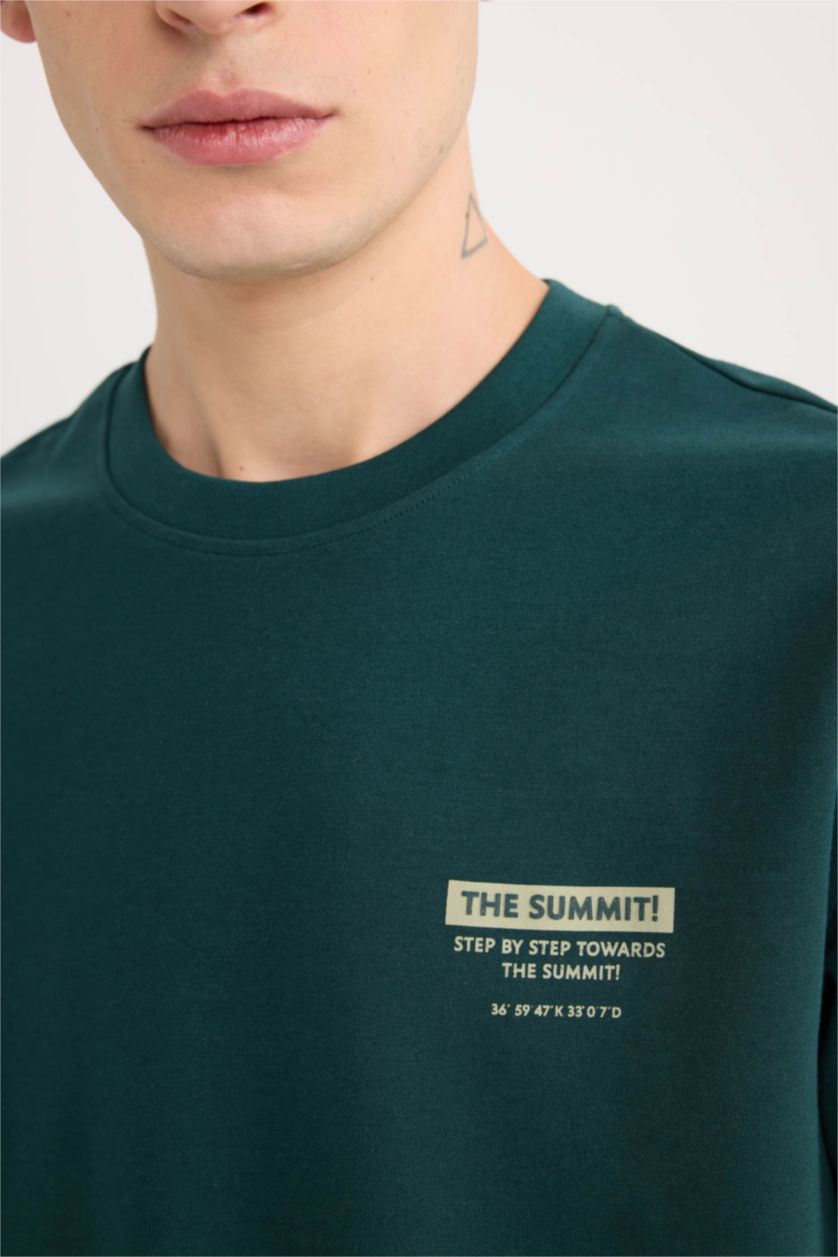 Erkek Koyu Yeşil Regular Fit Bisiklet Yaka Baskılı Kısa Kollu Ağır Kumaş Tişört