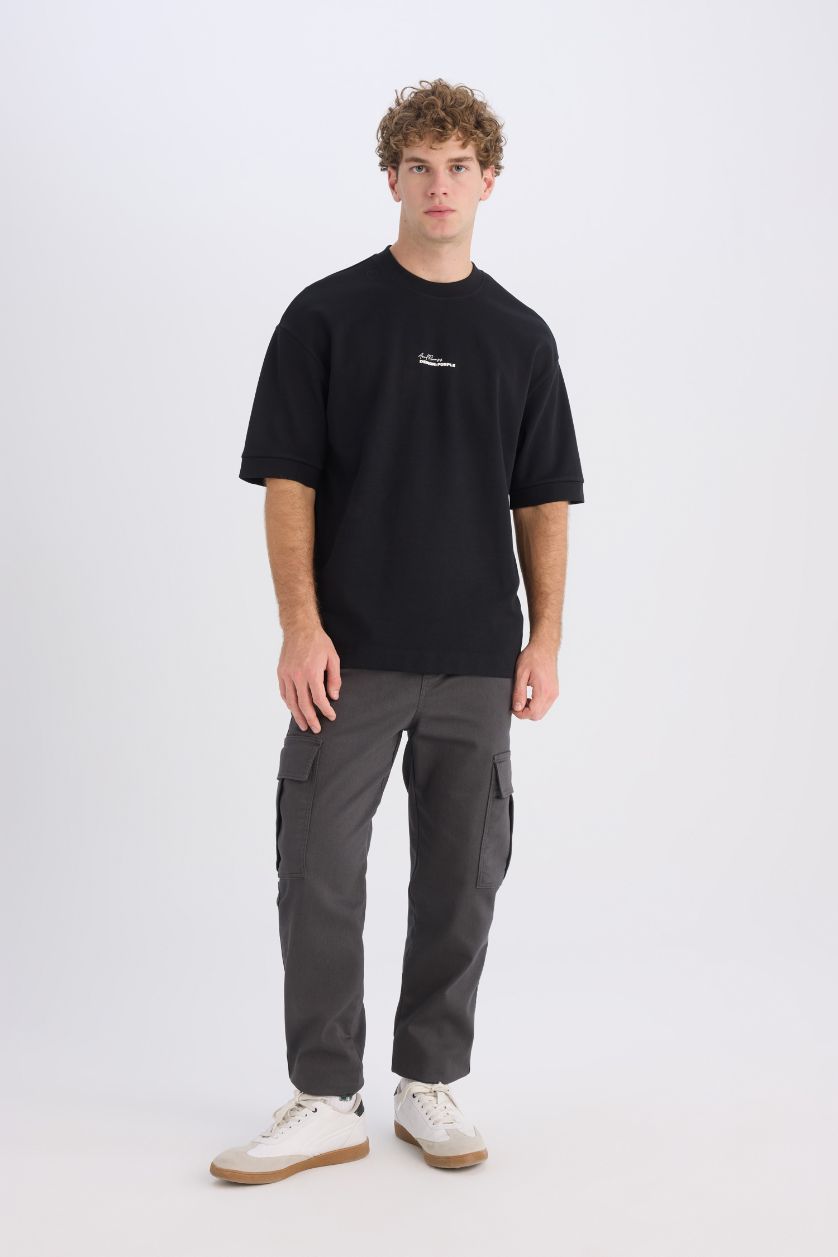 Erkek Siyah Loose Fit Bisiklet Yaka Baskılı Ağır Kumaş Kısa Kollu Tişört
