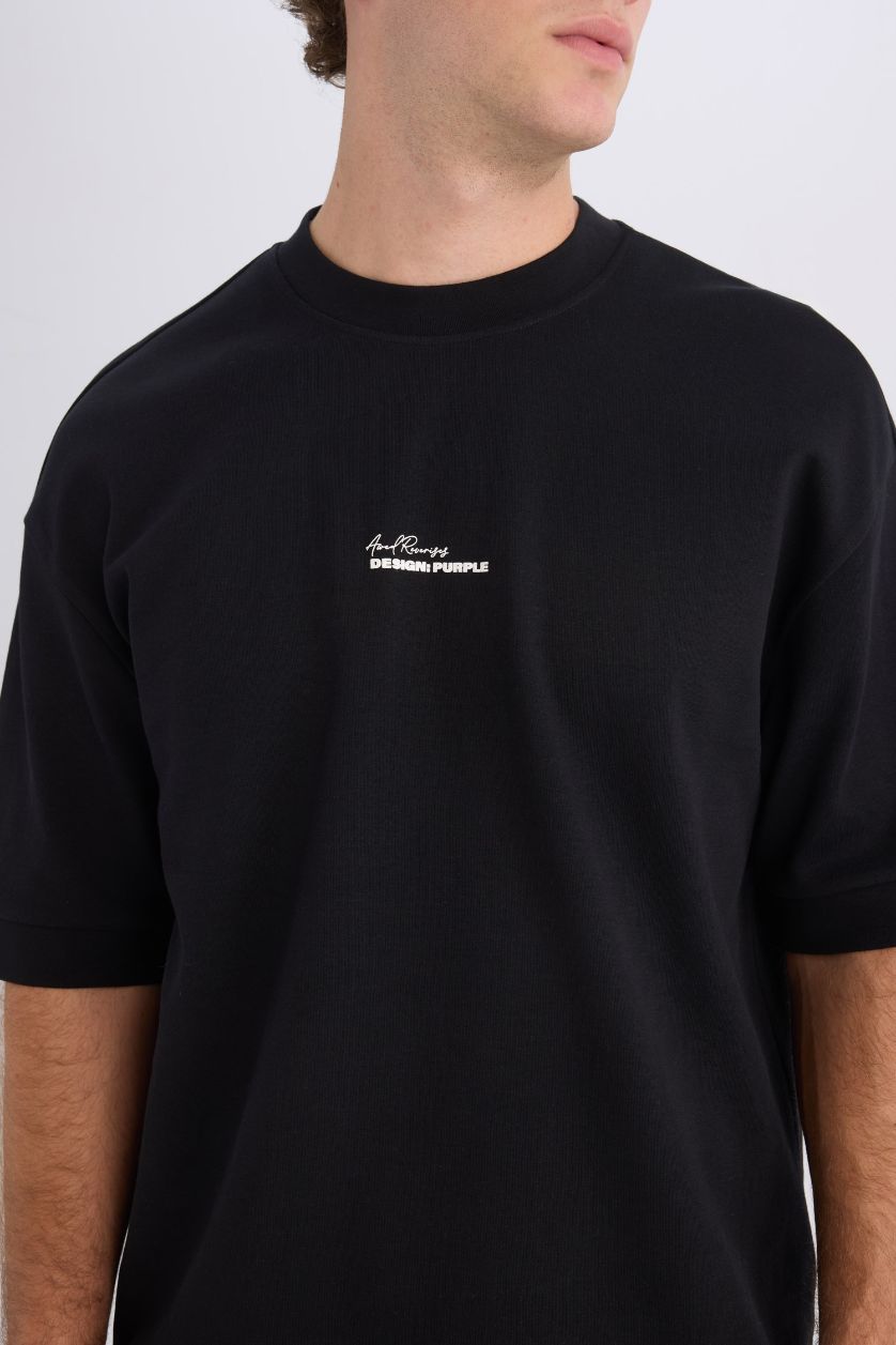 Erkek Siyah Loose Fit Bisiklet Yaka Baskılı Ağır Kumaş Kısa Kollu Tişört