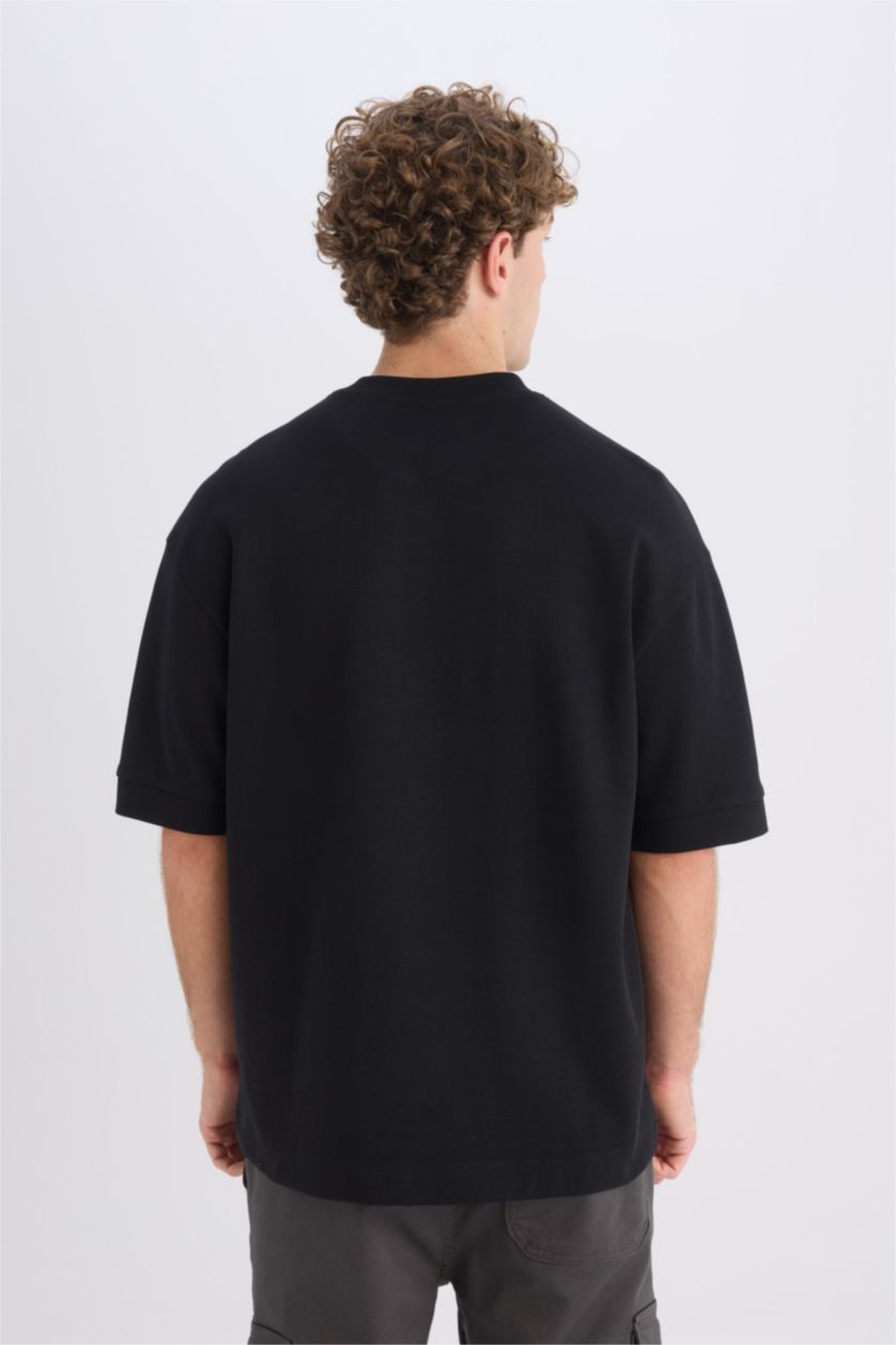 Erkek Siyah Loose Fit Bisiklet Yaka Baskılı Ağır Kumaş Kısa Kollu Tişört
