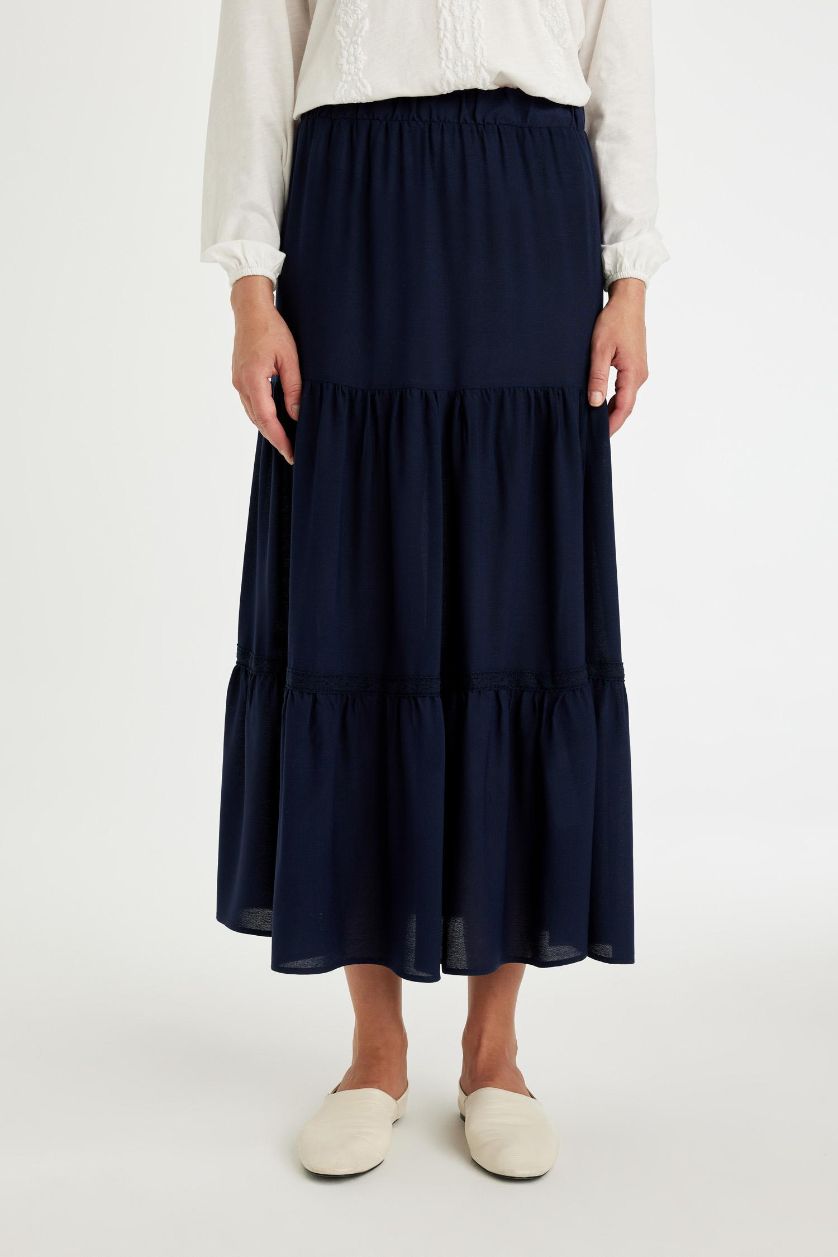 Kadın Lacivert Regular Fit Beli Lastikli Kiloş Siyah Krinkıl Viskon Maxi Etek