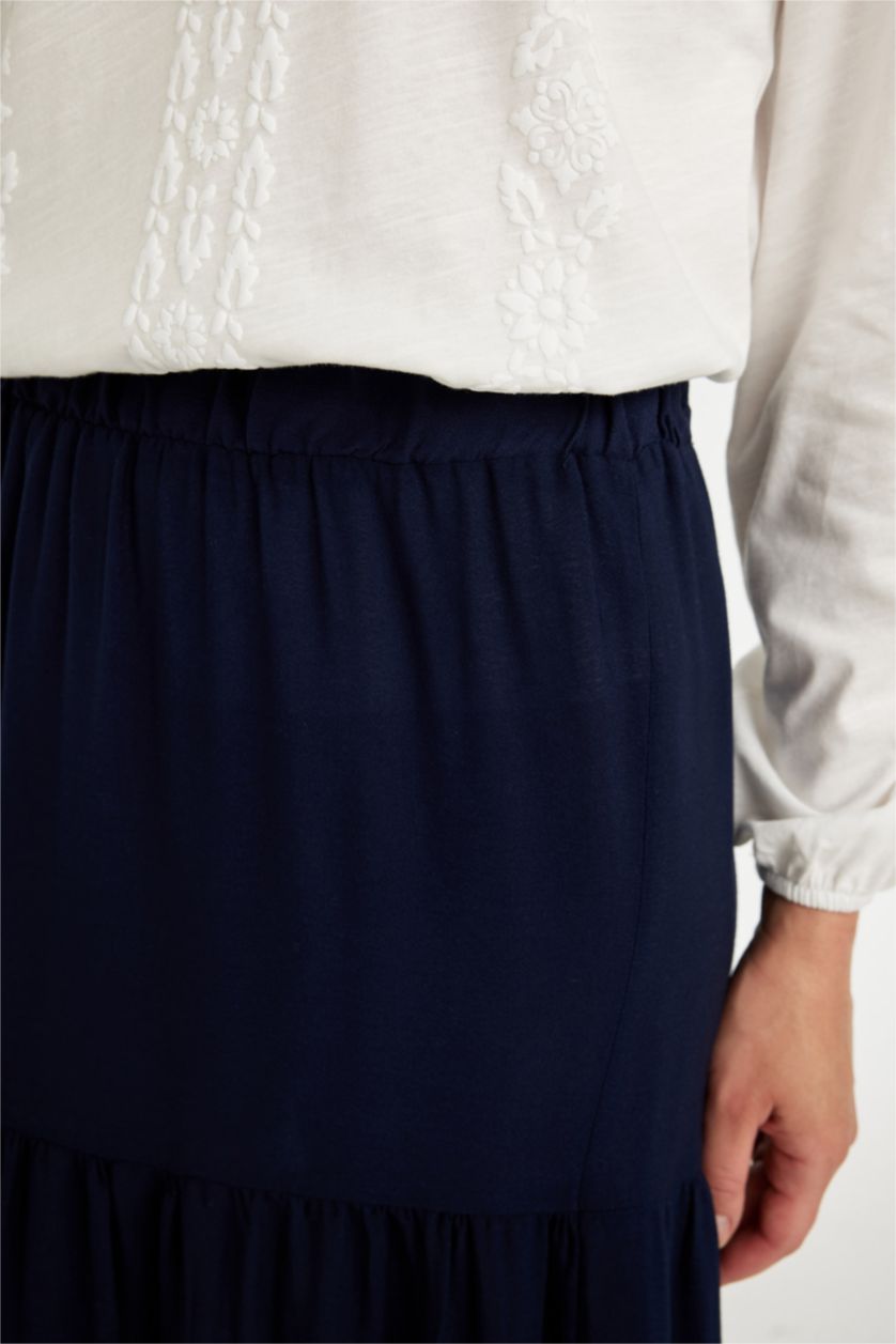 Kadın Lacivert Regular Fit Beli Lastikli Kiloş Siyah Krinkıl Viskon Maxi Etek