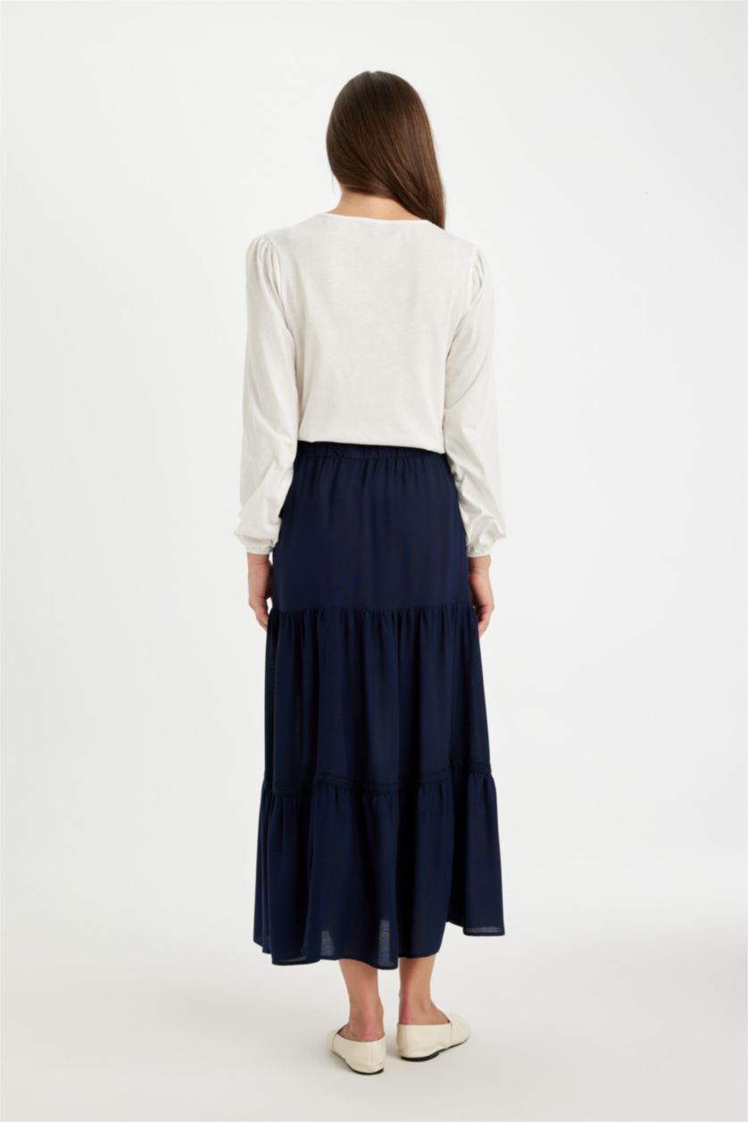 Kadın Lacivert Regular Fit Beli Lastikli Kiloş Siyah Krinkıl Viskon Maxi Etek