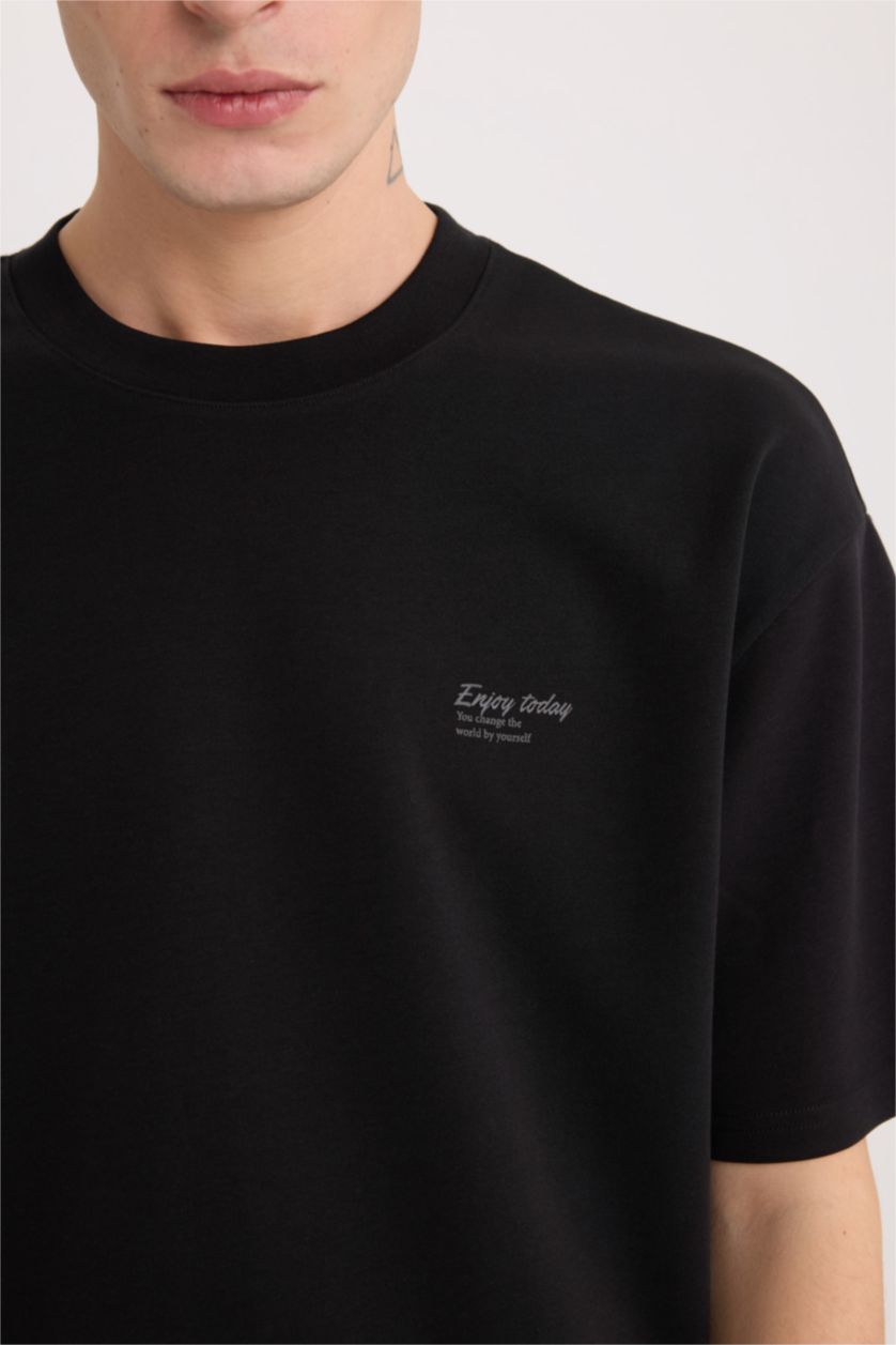 Erkek Siyah Boxy Fit Bisiklet Yaka Ütü Gerektirmeyen Nefes Alabilen Baskılı Kısa Kollu Ağır Kumaş Tişört