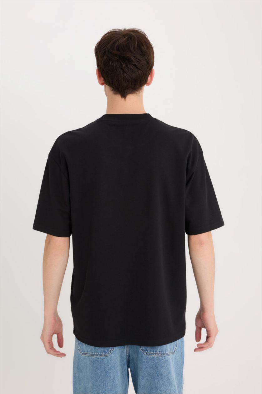 Erkek Siyah Boxy Fit Bisiklet Yaka Ütü Gerektirmeyen Nefes Alabilen Baskılı Kısa Kollu Ağır Kumaş Tişört