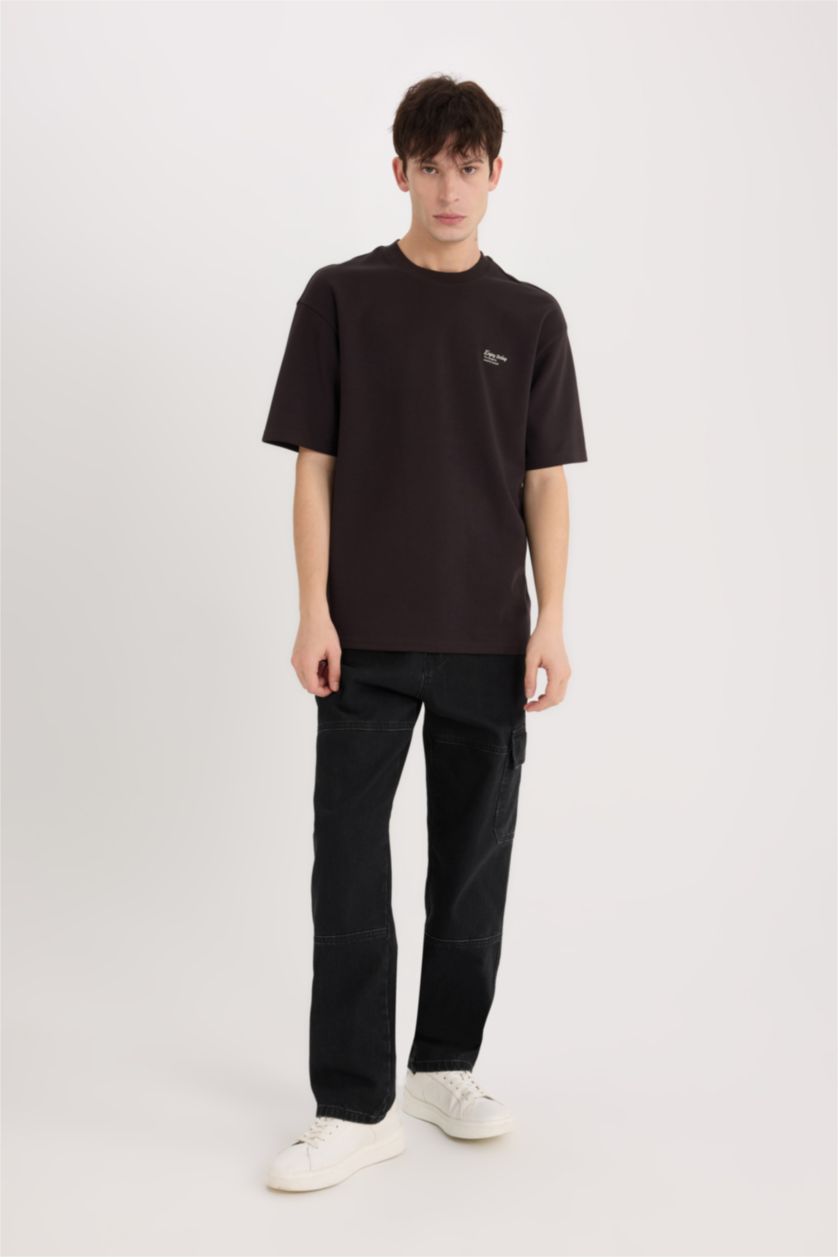 Erkek Kahve Boxy Fit Bisiklet Yaka Ütü Gerektirmeyen Nefes Alabilen Baskılı Kısa Kollu Ağır Kumaş Tişört