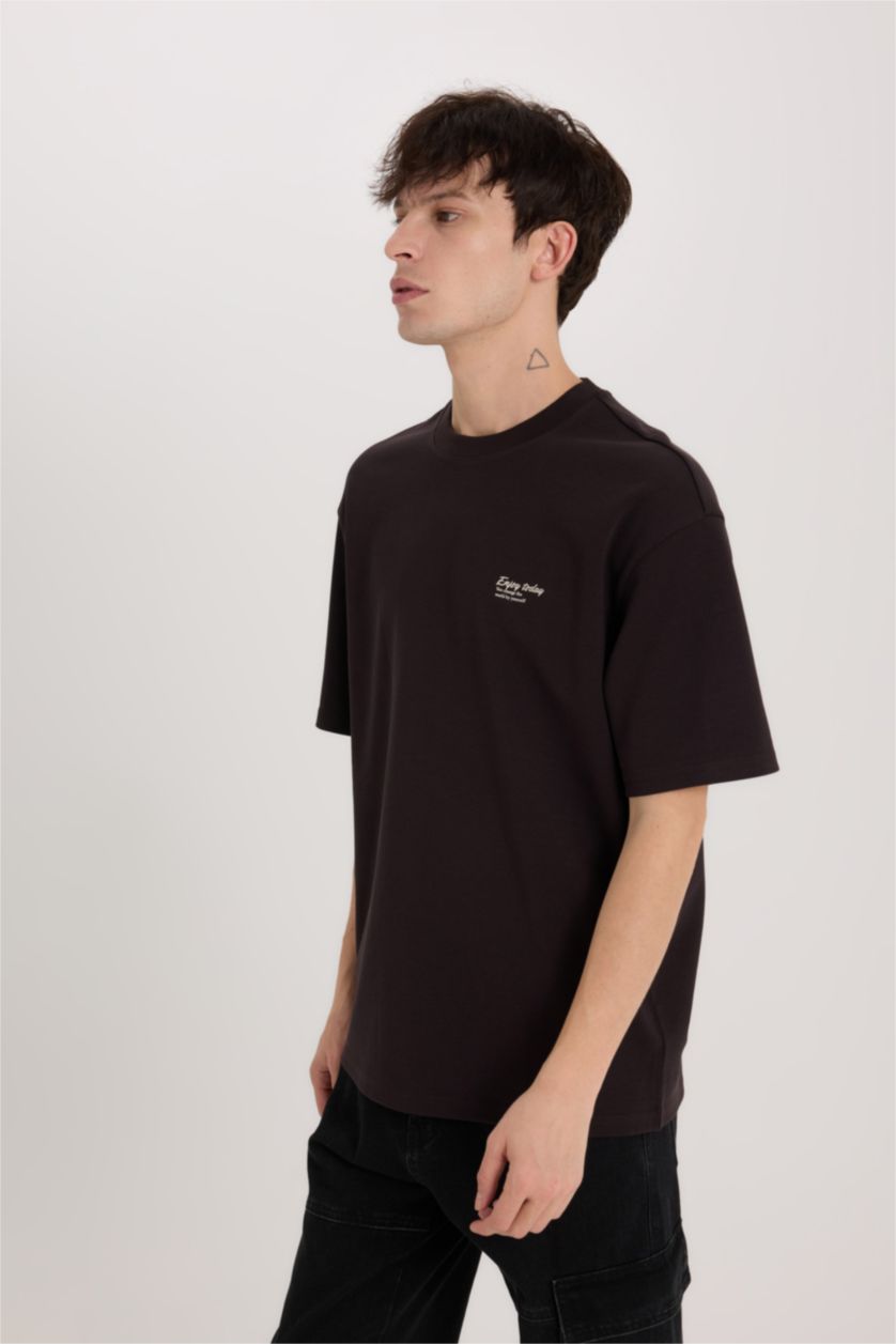 Erkek Kahve Boxy Fit Bisiklet Yaka Ütü Gerektirmeyen Nefes Alabilen Baskılı Kısa Kollu Ağır Kumaş Tişört