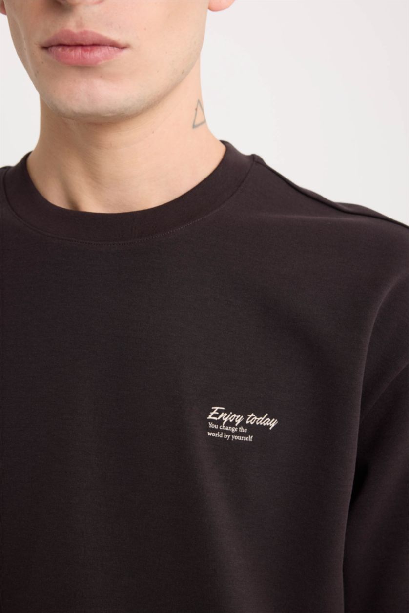 Erkek Kahve Boxy Fit Bisiklet Yaka Ütü Gerektirmeyen Nefes Alabilen Baskılı Kısa Kollu Ağır Kumaş Tişört