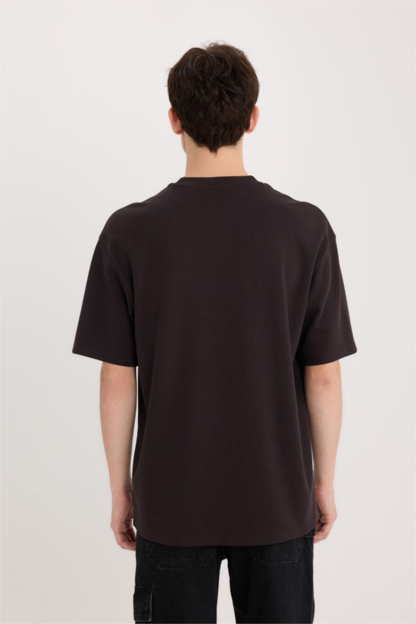 Erkek Kahve Boxy Fit Bisiklet Yaka Ütü Gerektirmeyen Nefes Alabilen Baskılı Kısa Kollu Ağır Kumaş Tişört