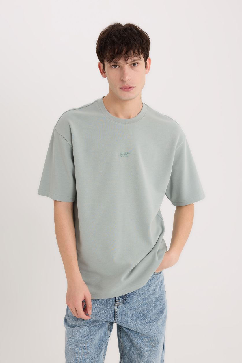 رجالي رمادي فاتح تيشيرت نص كم تقيل اوفر سايز مطبوع