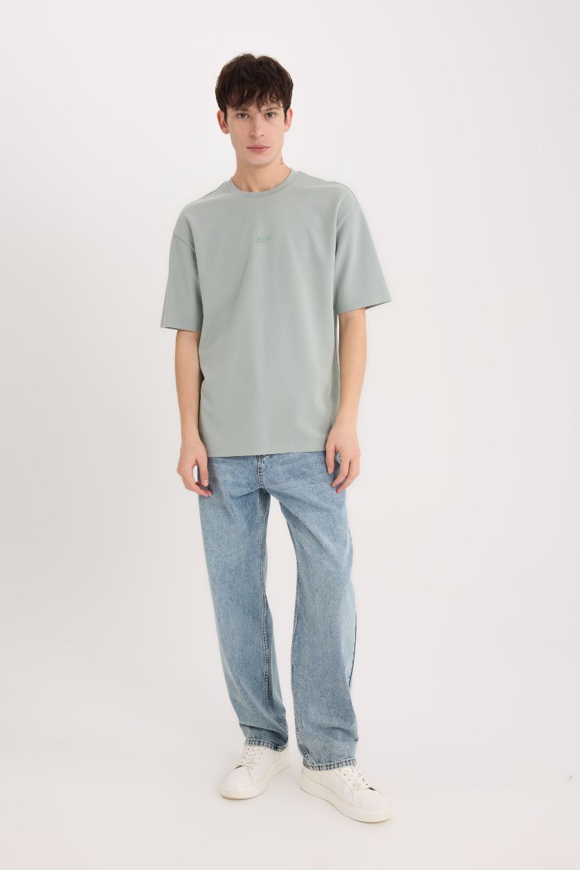 رجالي رمادي فاتح تيشيرت نص كم تقيل اوفر سايز مطبوع