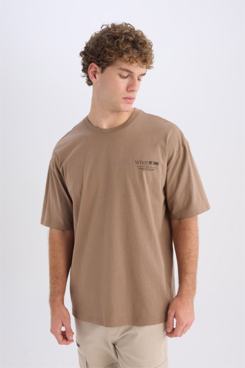 MAN Light Brown Oversize Crew Neck Printed Short Sleeve T-Shirt