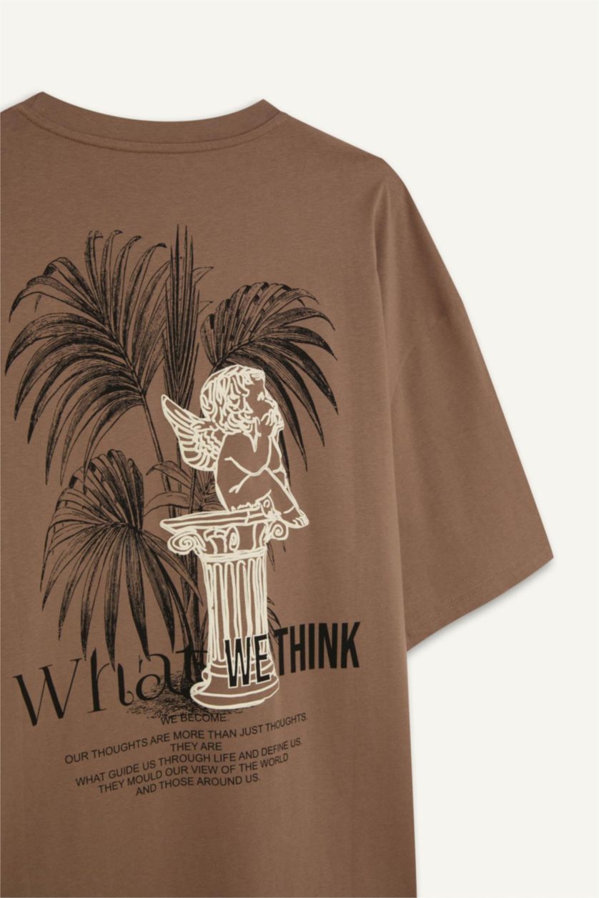 MAN Light Brown Oversize Crew Neck Printed Short Sleeve T-Shirt