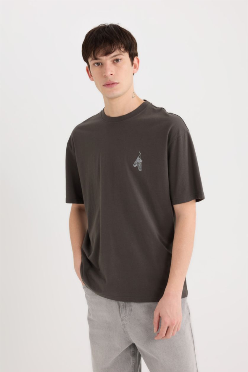 Erkek Antrasit %100 Pamuk Boxy Fit Bisiklet Yaka Sırt Baskılı Kısa Kollu Tişört