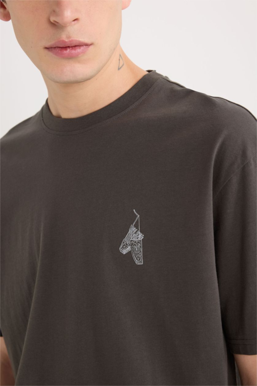 Erkek Antrasit %100 Pamuk Boxy Fit Bisiklet Yaka Sırt Baskılı Kısa Kollu Tişört