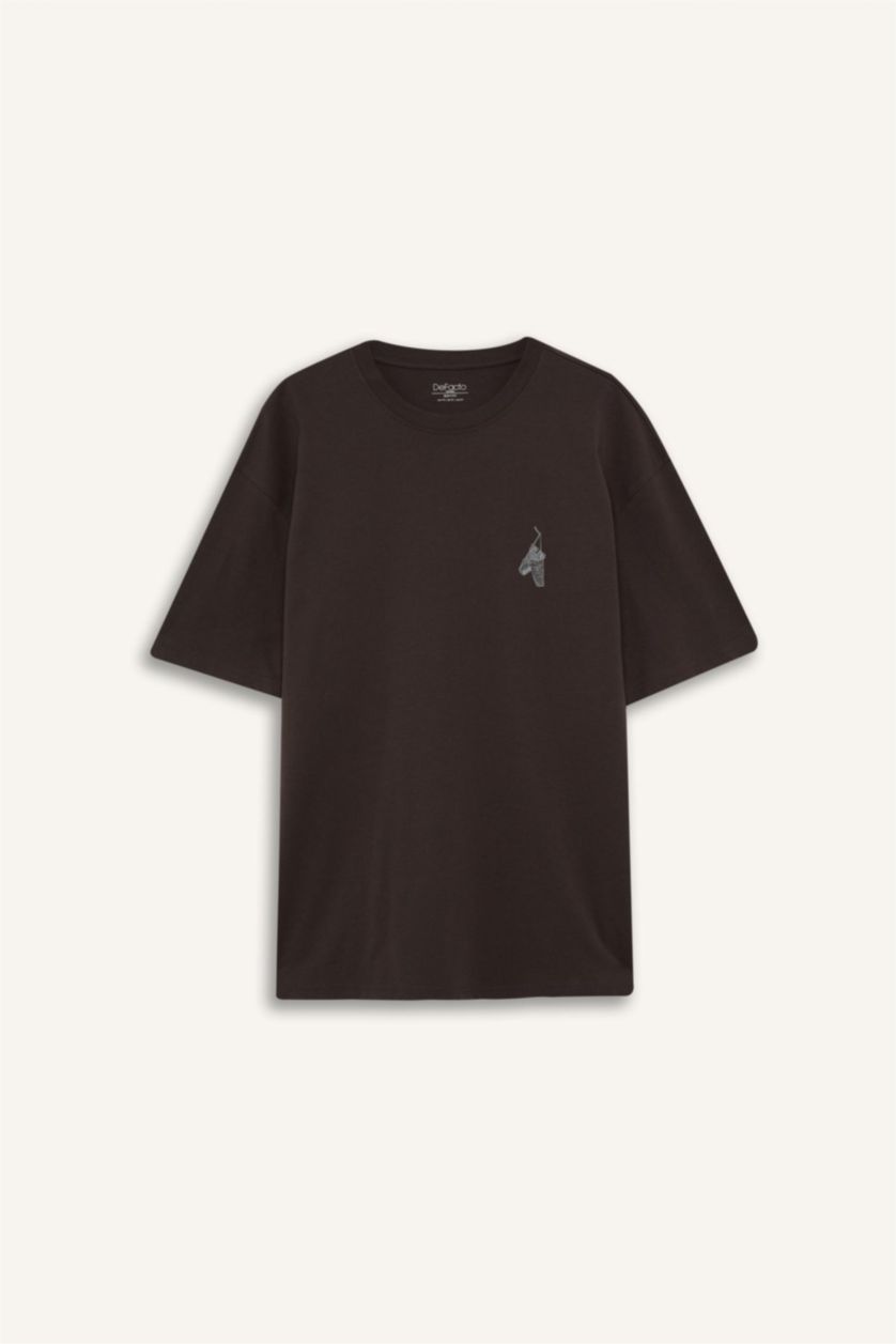 Erkek Antrasit %100 Pamuk Boxy Fit Bisiklet Yaka Sırt Baskılı Kısa Kollu Tişört