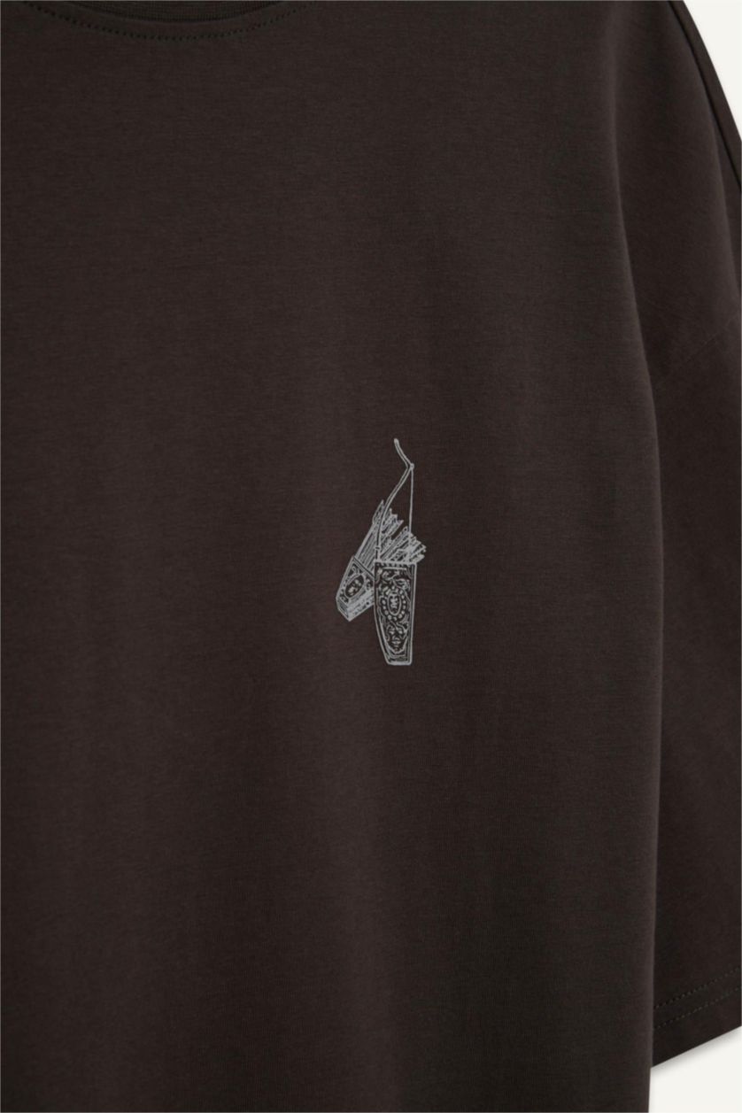 Erkek Antrasit %100 Pamuk Boxy Fit Bisiklet Yaka Sırt Baskılı Kısa Kollu Tişört