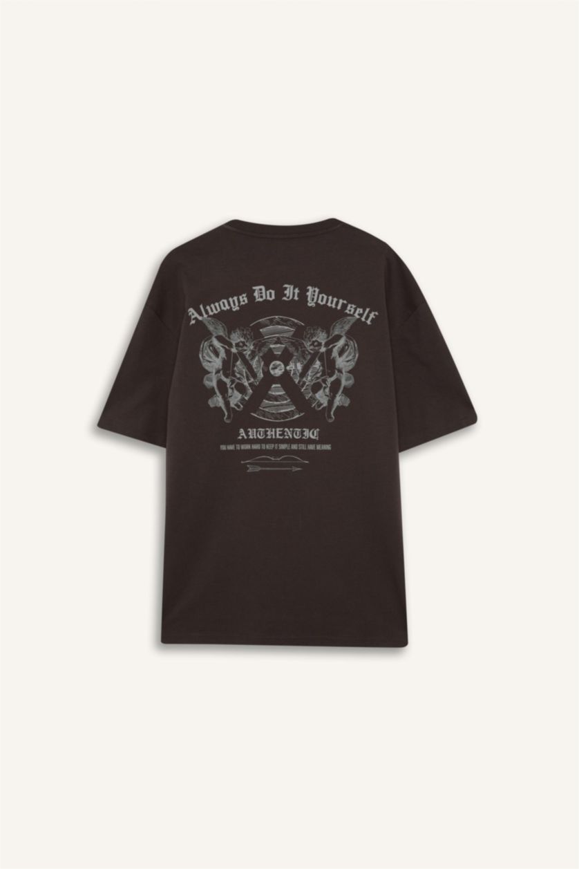 Erkek Antrasit %100 Pamuk Boxy Fit Bisiklet Yaka Sırt Baskılı Kısa Kollu Tişört