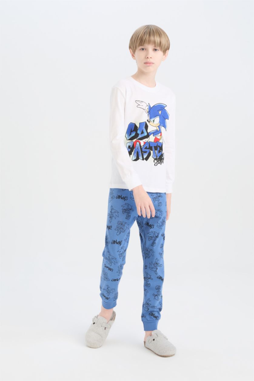 Erkek Çocuk - Genç Erkek Beyaz Pijama Takımı Sonic the Hedgehog Uzun Kollu Tişört Uzun Alt Erkek Çocuk