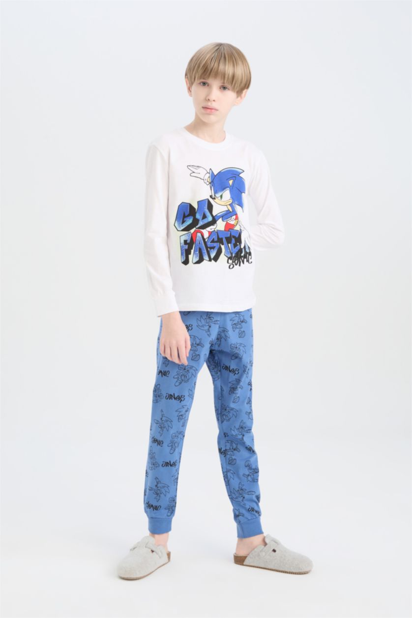 Erkek Çocuk - Genç Erkek Beyaz Pijama Takımı Sonic the Hedgehog Uzun Kollu Tişört Uzun Alt Erkek Çocuk