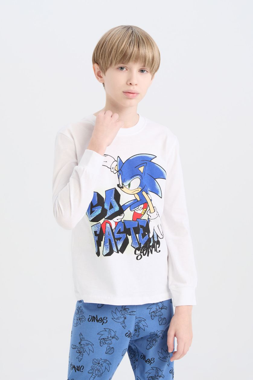 Erkek Çocuk - Genç Erkek Beyaz Pijama Takımı Sonic the Hedgehog Uzun Kollu Tişört Uzun Alt Erkek Çocuk
