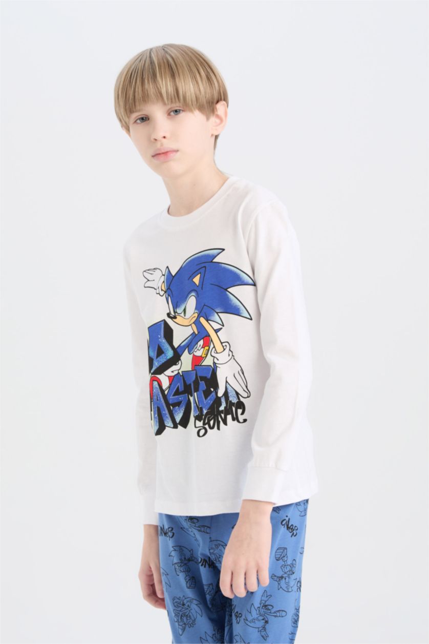 Erkek Çocuk - Genç Erkek Beyaz Pijama Takımı Sonic the Hedgehog Uzun Kollu Tişört Uzun Alt Erkek Çocuk