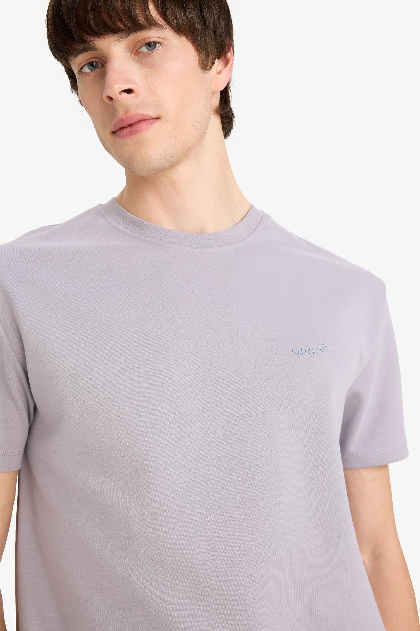 Erkek Lila Regular Fit Bisiklet Yaka Ütü Gerektirmeyen Nefes Alabilen Baskılı Kısa Kollu Ağır Kumaş Tişört