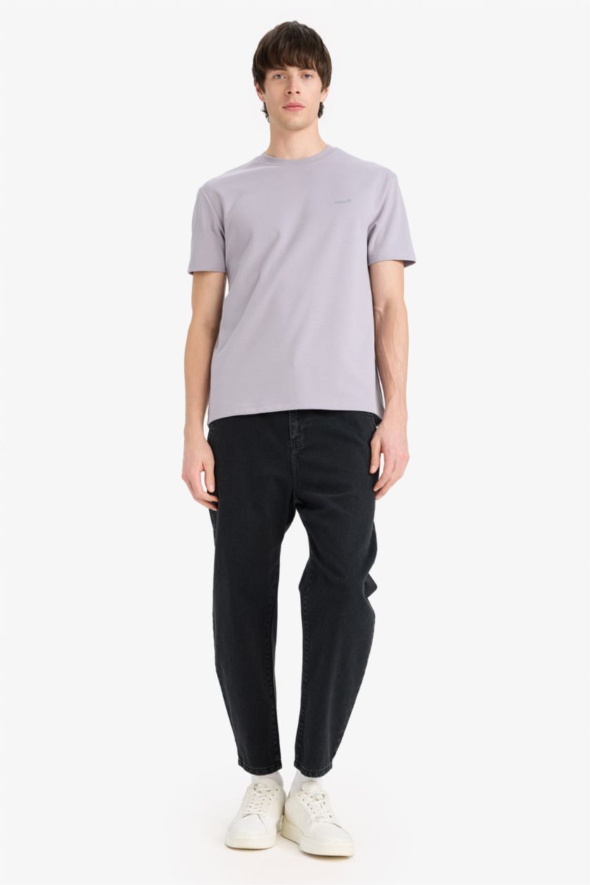 Erkek Lila Regular Fit Bisiklet Yaka Ütü Gerektirmeyen Nefes Alabilen Baskılı Kısa Kollu Ağır Kumaş Tişört