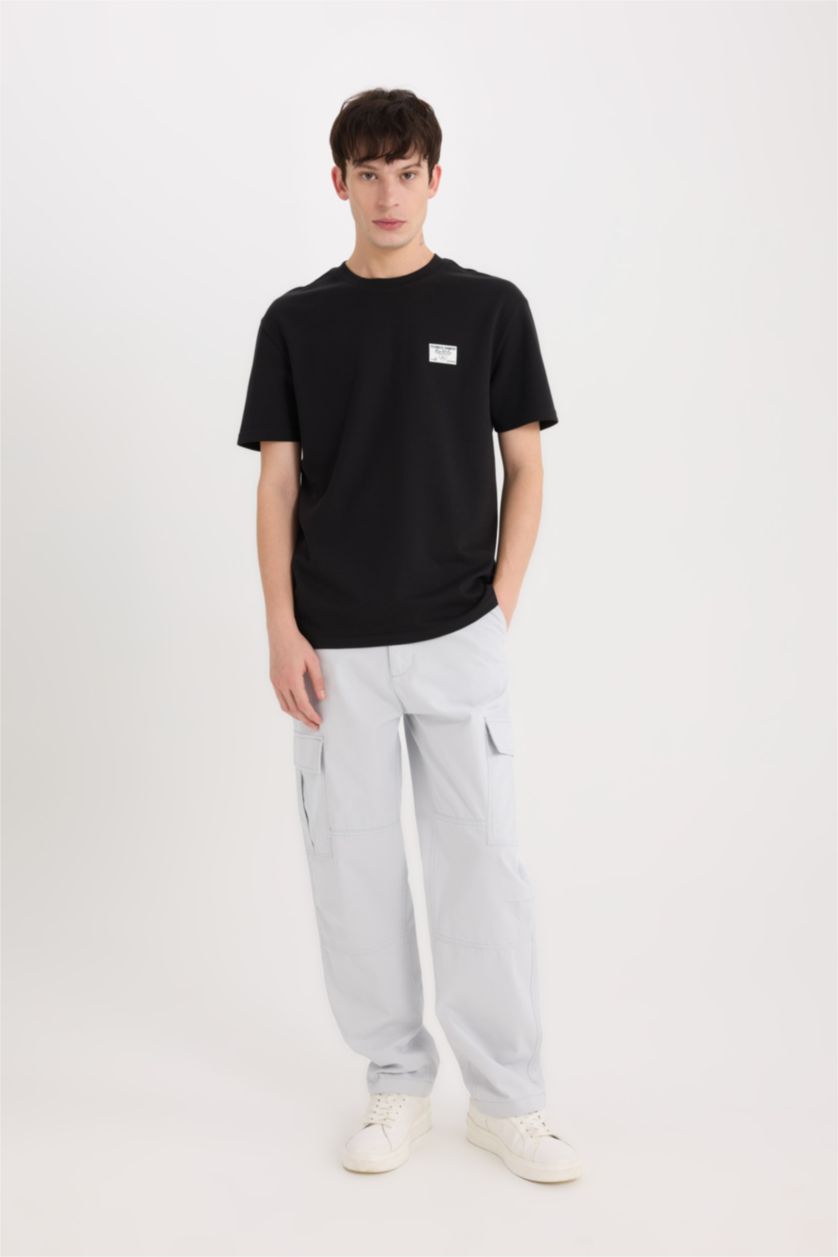 رجال أسود تيشيرت نص ردن تقيل قصة عادية بياخة مستديرة