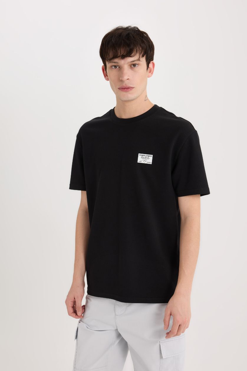 رجال أسود تيشيرت نص ردن تقيل قصة عادية بياخة مستديرة