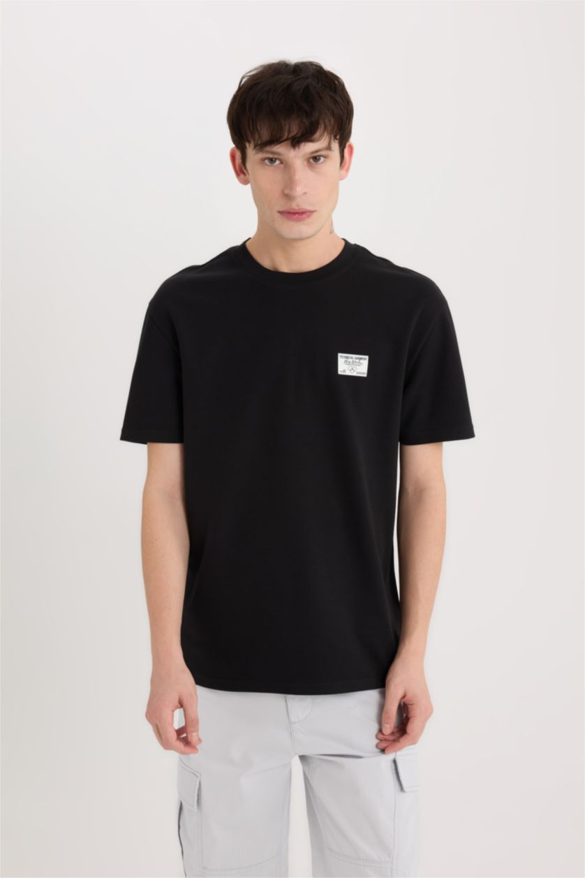 رجال أسود تيشيرت نص ردن تقيل قصة عادية بياخة مستديرة