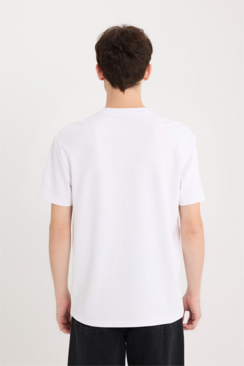 Erkek Beyaz Regular Fit Bisiklet Yaka Ütü Gerektirmeyen Nefes Alabilen Baskılı Kısa Kollu Ağır Kumaş Tişört