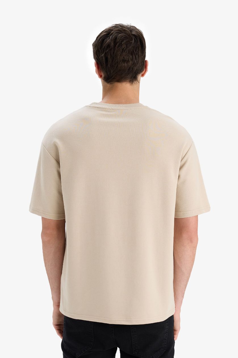 Erkek Bej Boxy Fit Bisiklet Yaka Ütü Gerektirmeyen Nefes Alabilen Baskılı Kısa Kollu Ağır Kumaş Tişört