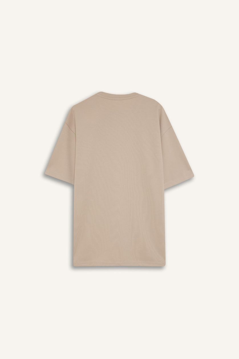 Erkek Bej Boxy Fit Bisiklet Yaka Ütü Gerektirmeyen Nefes Alabilen Baskılı Kısa Kollu Ağır Kumaş Tişört