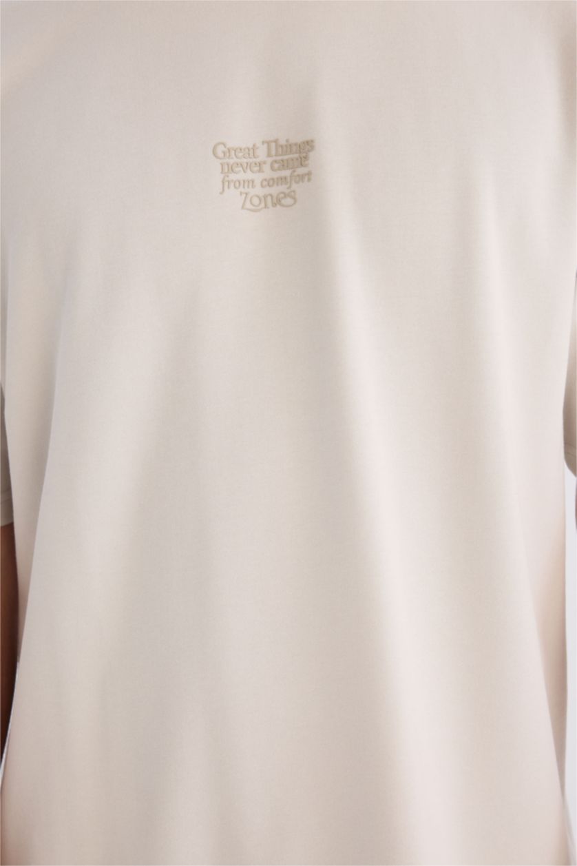 Erkek Açık Gri Boxy Fit Bisiklet Yaka Ütü Gerektirmeyen Nefes Alabilen Baskılı Kısa Kollu Ağır Kumaş Tişört