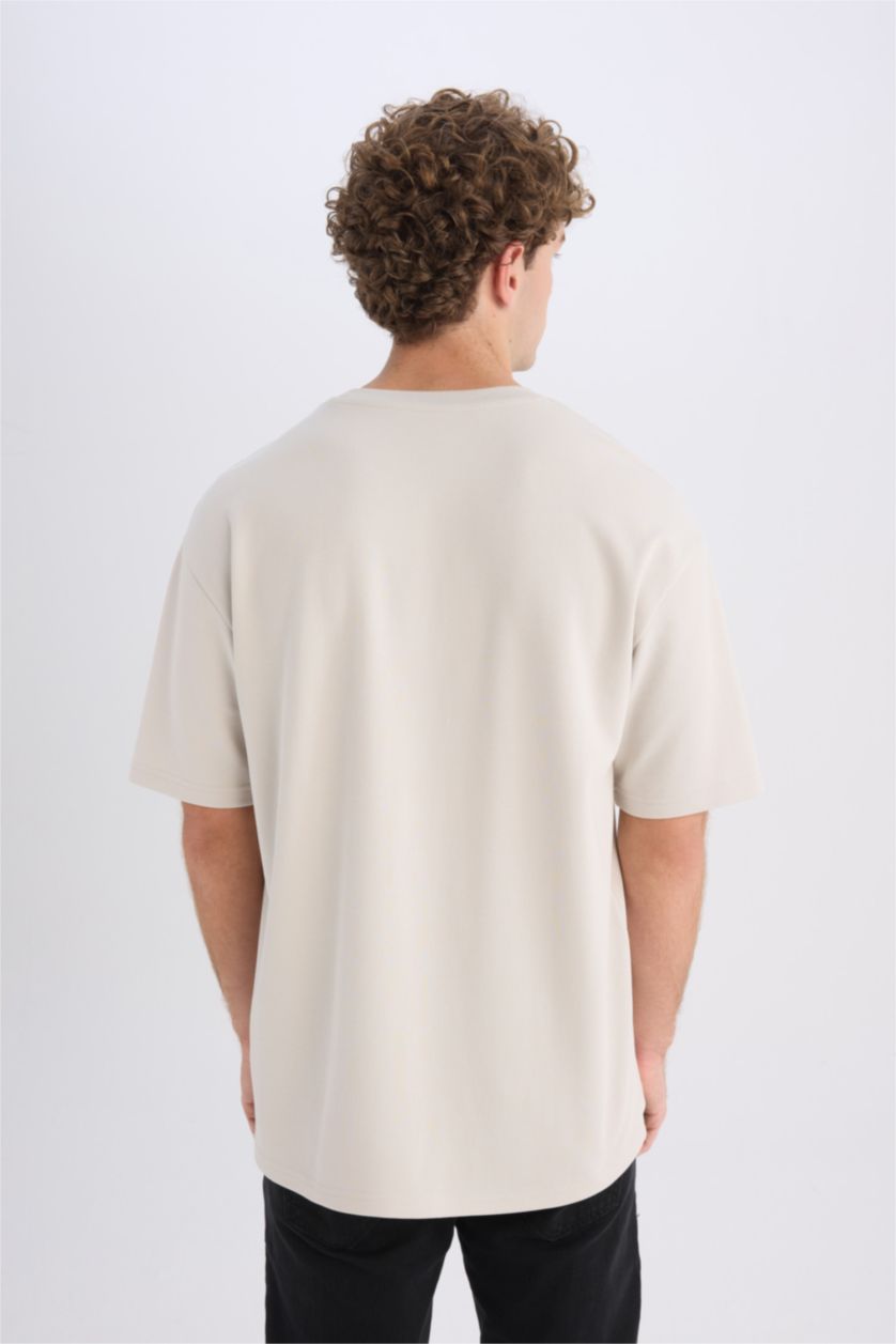 Erkek Açık Gri Boxy Fit Bisiklet Yaka Ütü Gerektirmeyen Nefes Alabilen Baskılı Kısa Kollu Ağır Kumaş Tişört