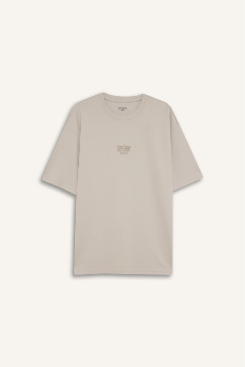 Erkek Açık Gri Boxy Fit Bisiklet Yaka Ütü Gerektirmeyen Nefes Alabilen Baskılı Kısa Kollu Ağır Kumaş Tişört