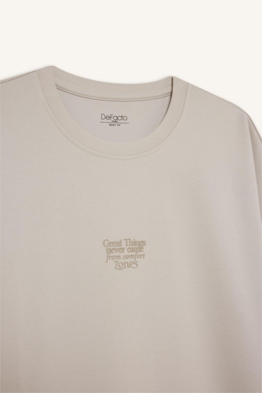 Erkek Açık Gri Boxy Fit Bisiklet Yaka Ütü Gerektirmeyen Nefes Alabilen Baskılı Kısa Kollu Ağır Kumaş Tişört